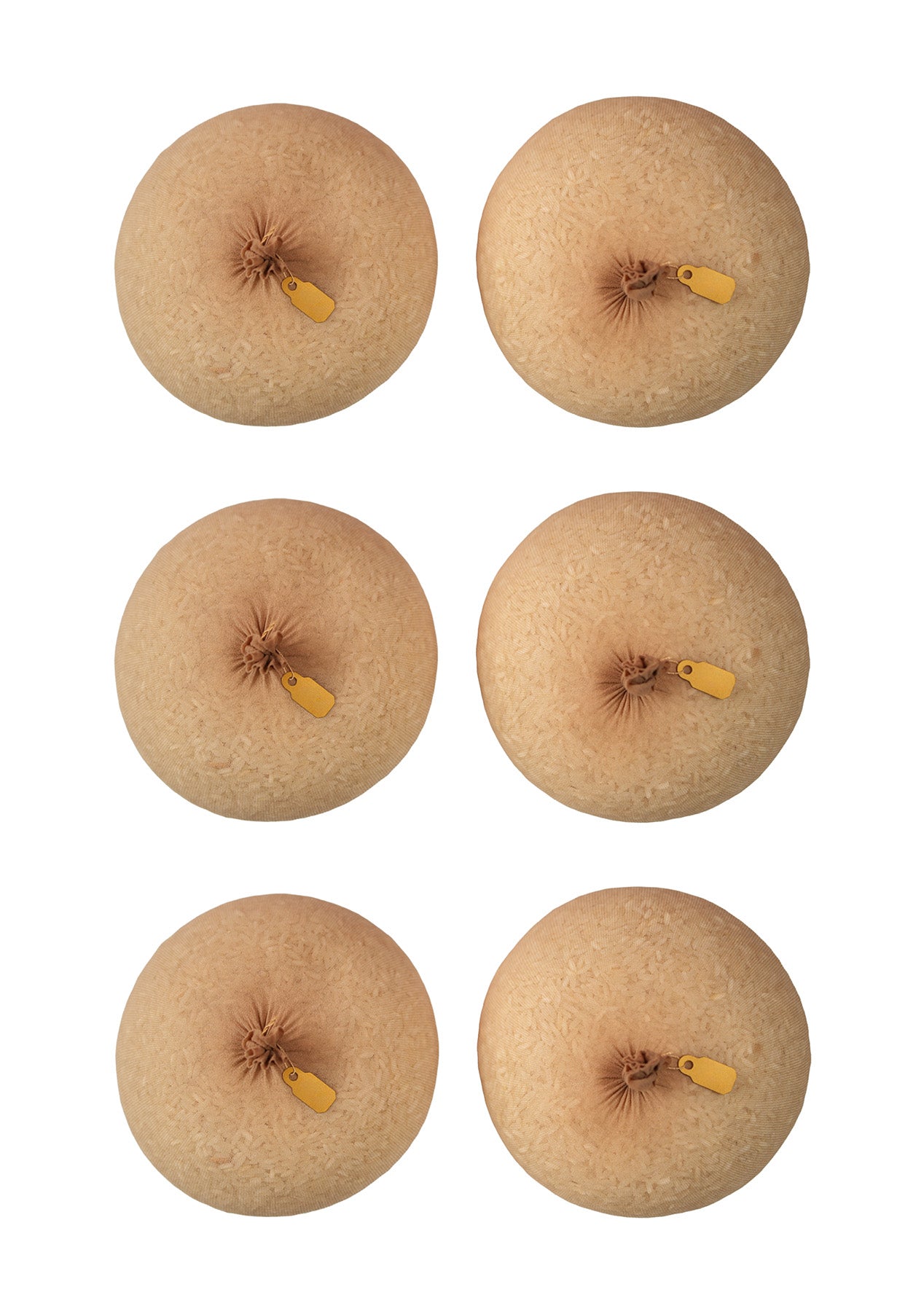 Six brown rice sacks with yellow tags on a white background